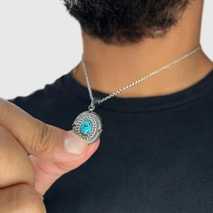 Vintage 18K Gold Turquoise Blue Gemstone Pendant Necklace 20” Boho Antique Jewel - Picture 1 of 11