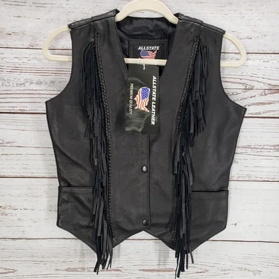 Nuevo chaleco Allstate de cuero negro con flecos trenzados para mujer talla pequeña Foto 1 de 4