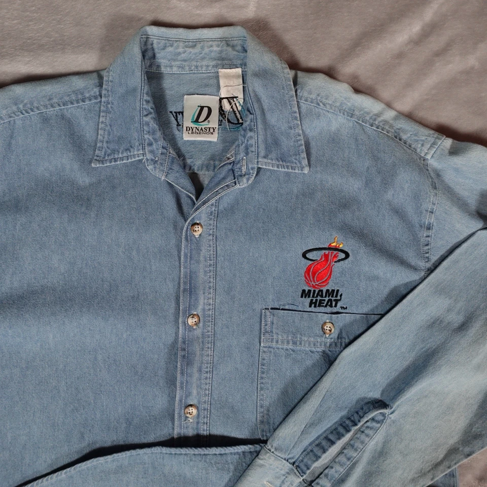 Vintage Dynasty Miami Heat Chambray Denim Shirt Mens M Tall Fit (Estimated) 90s - Image 1 of 4