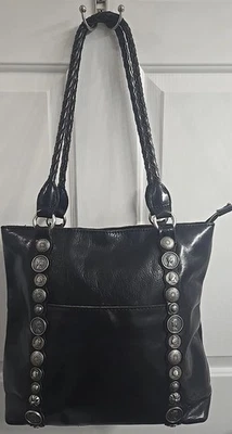 Patricia Nash 黑色皮革文艺复兴硬币系列单肩包托特包 P087176 — 第 1/4 张图片