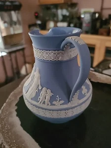 Wedgwood Jasperware Jug / Pitcher 5” H x 4” D Etruscan / Neoclassical 1970s Blue - Picture 1 of 5