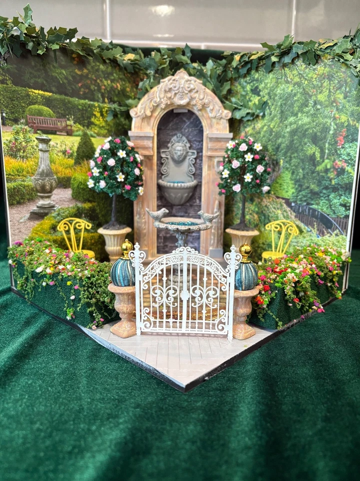  NEW! Handcrafted OOAK Dollhouse Miniature Garden Scene W/ Fountain Diorama 1:12 - Image 1 of 4