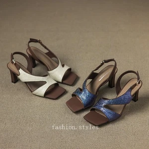 Mujeres Puntera Cuadrada Tacones Gruesos Verano Tacones Altos Gruesos Puntera Expuesta Zapatos de Cuero - Imagen 1 de 21