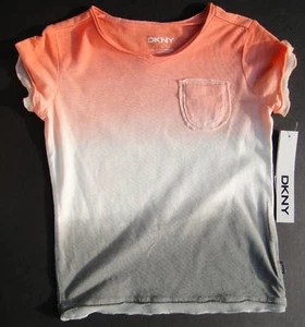 DKNY NWT Girls Tee Top Shirt Coral Gray Pocket 5 6 8 10 Medium M - Picture 1 of 1