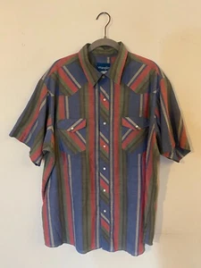 Camisa Wrangler Western Talla L Para Hombres Vaquero Rayas Manga Corta Perla A Presión De Colección - Imagen 1 de 10