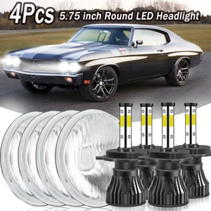 5-3/4 Crystal Clear Metal Glass Headlight LED 4000Lm H4 Light Bulb Headlamp Set - Picture 1 of 22