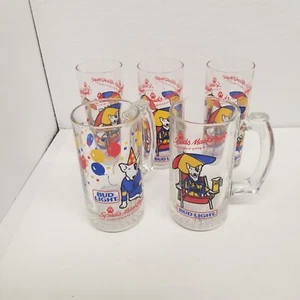 Vintage Bud Light Spuds McKenzie Mug & Glass Set, 2 Mugs, 3 Glasses, Bar Decor - Picture 1 of 7