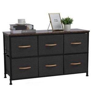 Wide Dresser Storage Tower 6 Drawer Organizer Chest Wood Top Steel Frame Stand - Picture 1 of 11