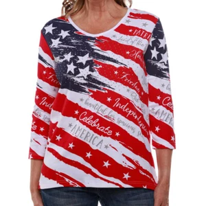 Women's Celebrate America 3/4 Patriotic American Flag 3/4 Sleeve Top 4th of July - Picture 1 of 3