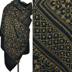 Large BLACK Hand Embroidery Sozni Shawl Unique Pashmina Scarf 100% Cashmere Wrap - Picture 1 of 11