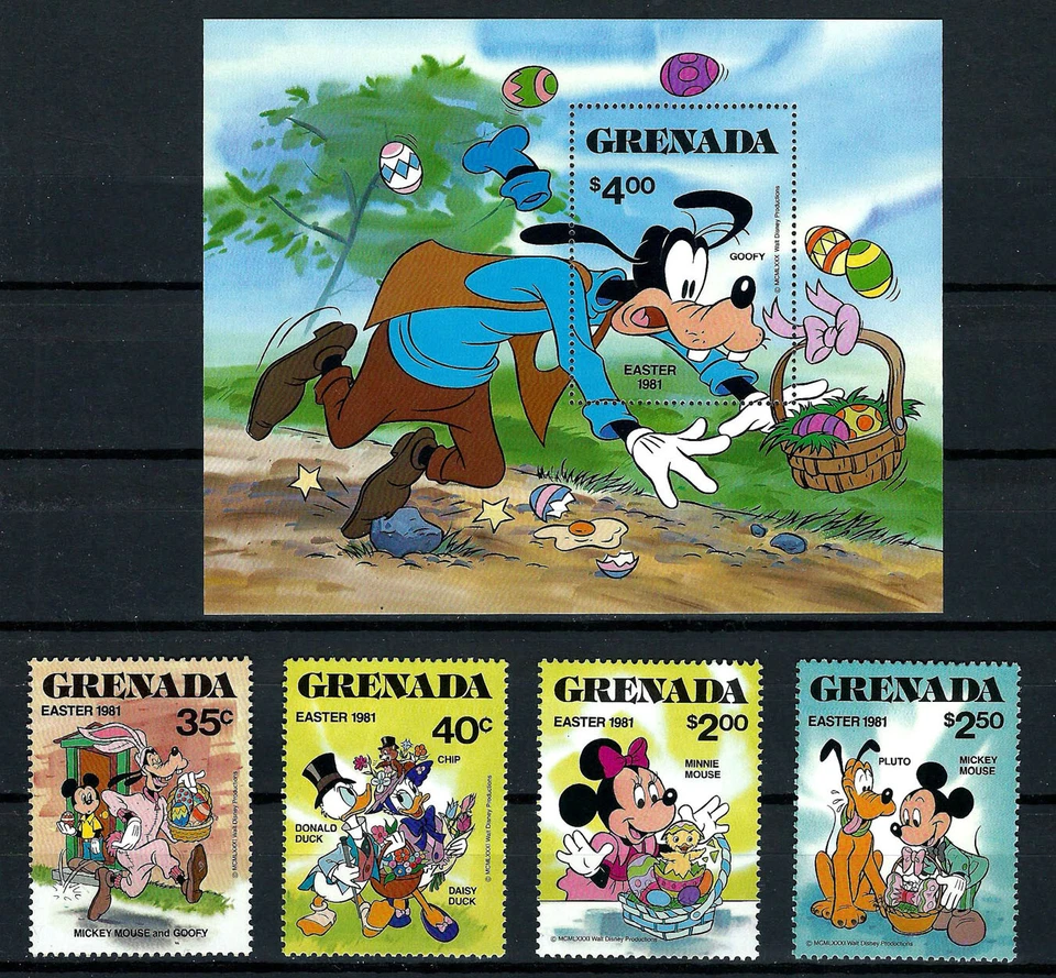 GRANADA, SCOTT # 1041-1045, JUEGO DE 4 SELLOS Y S/S 1981 WALT DISNEY PASCUA, MNH Foto 1 de 1