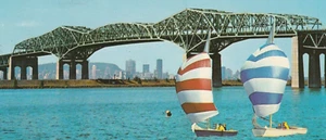 vintage postcard ,Champlain Bridge,sailboats, Montreal Que. Canada , 26 VII 1970 - Picture 1 of 4