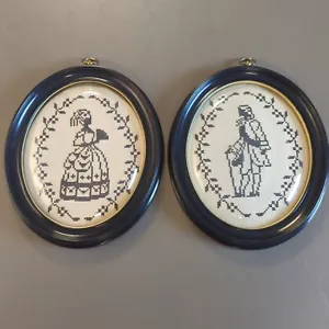 Pair Of Cross Stitched Oval Framed Set Of Woman And Man From 1700s. 12" x 10" - Picture 1 of 9