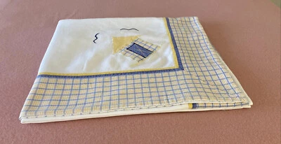 White Cotton Tablecloth Blue Yellow Plaid Check Beach House Appliqué Patchwork - Image 1 of 4