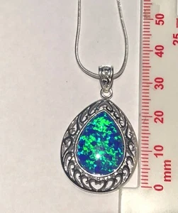 Sterling Silver Celtic Big 1.5” Blue Opal Peardrop Pendant & 20” Chain Necklace  - Picture 1 of 12