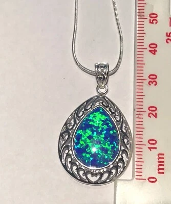 Sterling Silver Celtic Big 1.5” Blue Opal Peardrop Pendant & 20” Chain Necklace  - Image 1 of 4