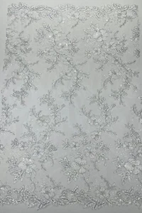 Floral Two Tone Lace Fabric - White - Sequins Embroidery Floral Lace By Yard - Picture 1 of 4