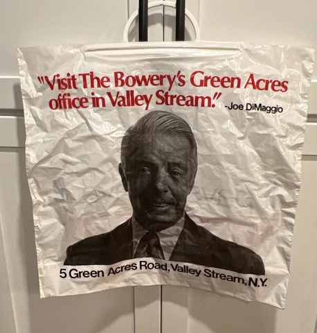 The Bowery Joe DiMaggio Plastic Shopping Bag Vintage NY Yankees MLB. Banking AD Cover