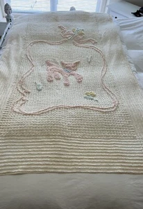 1950s Vintage Cotton Chenille Lamb Baby Blanket 62x39" Cream with Pink Pastels - Picture 1 of 11