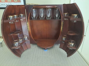 Vintage 20” Wood Whiskey Barrel Bar Liquor Cabinet and Glasses - Picture 1 of 8