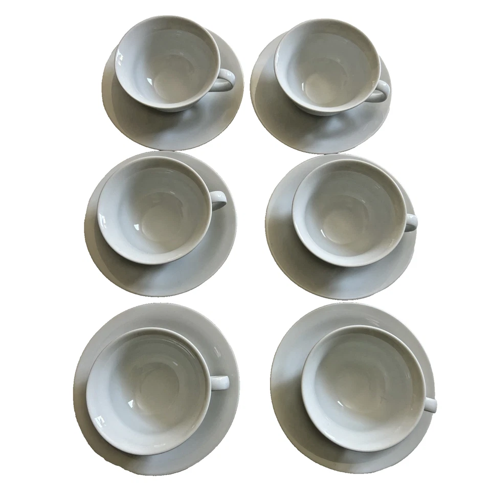 POTTERY BARN PB White Porcelain Cups and Saucers - Set of 6 - Image 1 of 4
