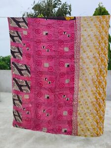 Reversible Handmade screen printed vintage cotton Kantha quilt, Bedspread, Throw
