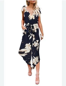 Belongsci Jumpsuit Large with Tie Waist-Navy With Ivory Floral-New with Tags - Picture 1 of 11