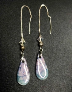 6961 Sterling 925 (unmarked) blue lavender glass threader dangle Earrings - Picture 1 of 1