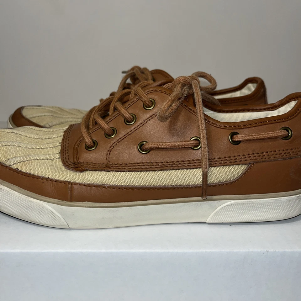 Polo Ralph Lauren Parkstone Talla Baja 10 1/2 D Cuero Tostado Lona Cubierta Barco Zapato Foto 1 de 4