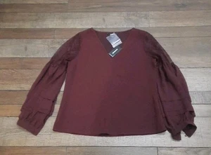 Express Small Women V-neck Blouse NWT Long Sleeve, Lace XS P , Maroon  - Picture 1 of 6
