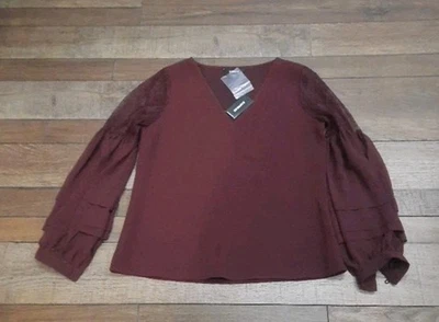 Express Small Women V-neck Blouse NWT Long Sleeve, Lace XS P , Maroon  - Image 1 of 4