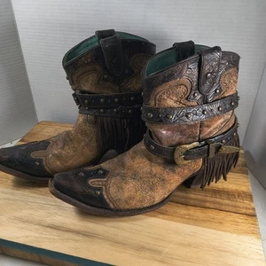 Corral Fringed & Studded Cognac Metallic Buckled Strappy Ankle Boots - Size 9 M - Picture 1 of 24