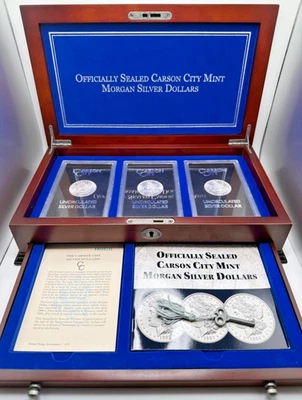 Juego de dólares de plata Morgan GSA 1882-CC, 1883-CC, 1884-CC, sellado con certificado de autenticidad y estuche Foto 1 de 4