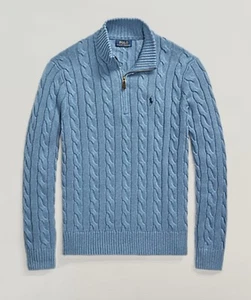 Neu mit Etikett Polo Ralph Lauren HIMMELBLAU 100 % Baumwolle 1/4-Reißverschluss ZOPFMUSTER Pullover Small - Bild 1 von 7