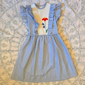 SYLVIA WHYTE Vintage Applique Bib Ruffle Sleeve Tie Back Pinstripe Blue Dress 12 - Picture 1 of 8