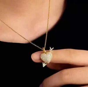 Real Moissanite 2Ct Round Cut Women's Heart Pendant 14k Yellow Gold Plated 18'' - Picture 1 of 9