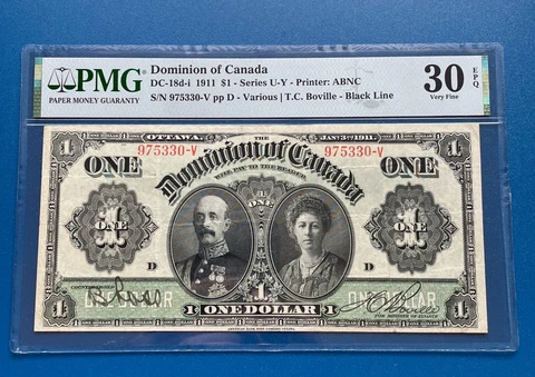 DOMINION OF CANADA 1911 $1 Black Line PMG Graded Very Fine 30 EPG Cover