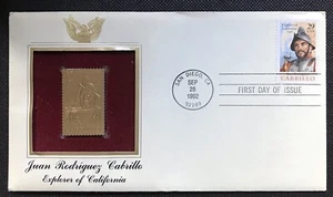 Réplica de sello de oro primer día de emisión de Juan Rodríguez Cabrillo 28 de septiembre de 1992 - Imagen 1 de 2