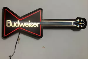 VTG 1980s Budweiser Bowtie Guitar Lighted Beer Sign Man Cave Bar Wall Decor Brew - Picture 1 of 15