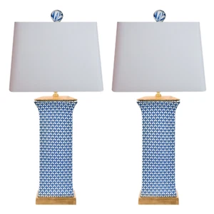 Pair of Slender Blue & White Fishnet Porcelain Table Lamp With Gold Base 28"H - Picture 1 of 4