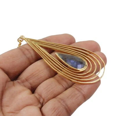 Blue Fire Labradorite 36" Long Necklace Gold Plated 925 Silver Cocktail Jewelry - Image 1 of 4