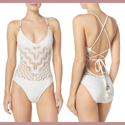 Nuevo con etiquetas Traje de baño Robin Piccone Aria Crochet de una pieza Blanco [Talla 14] #B829 Foto 1 de 4