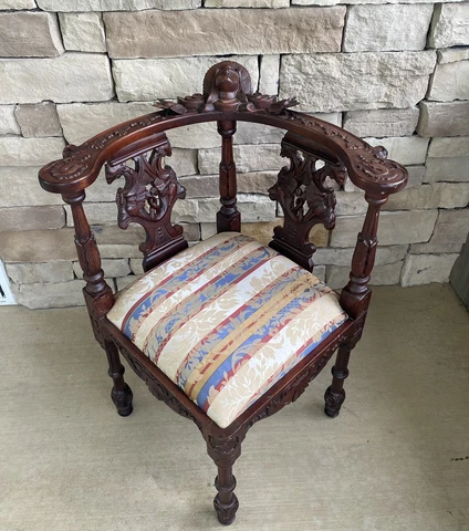 Mahogany Carved Corner Chair Victorian Upholstered -- Vintage -- Phoenix Dragon? Cover