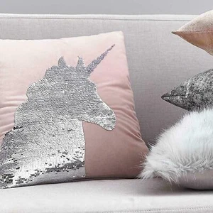 Cushion Cover Pink Unicorn Girls Bedroom Glitter Sequin Gift Present 17x17" - Picture 1 of 6