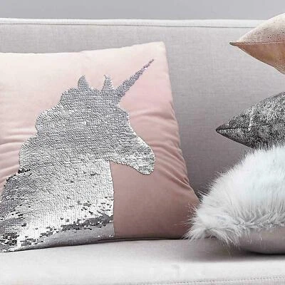 Cushion Cover Pink Unicorn Girls Bedroom Glitter Sequin Gift Present 17x17" - Image 1 of 4