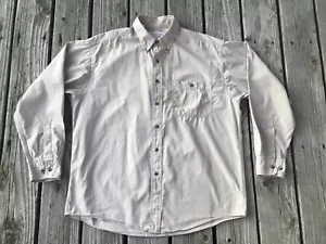 Vtg CC Filson USA Made “MIGHT AS WELL HAVE THE BEST” Beige LS Fishing Shirt sz L - Picture 1 of 9