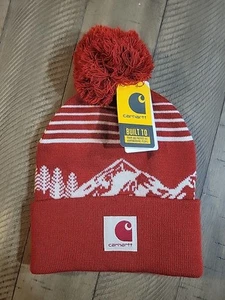 Carhartt Knit Pom Pom Cuffed Logo Mountain Beanie One Size Red & White AH6335-M - Bild 1 von 6