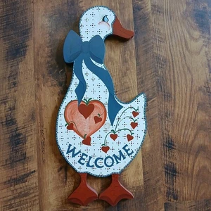 Insegna di benvenuto vintage legno oca da appendere al muro arte popolare country firmata dipinta a mano - Foto 1 di 10
