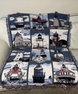 Vintage Goodwin Weavers East Coast 12 Lighthouse Throw Blanket Tapestry Afghan - Picture 1 of 12