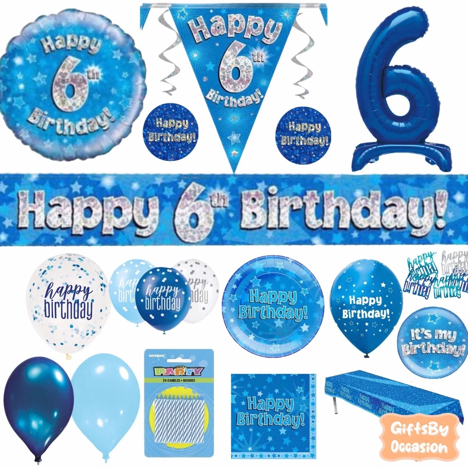 OAKTREE UK Blue 6th Birthday Decorations Happy Party Banner Bunting Balloons Candle Age 6